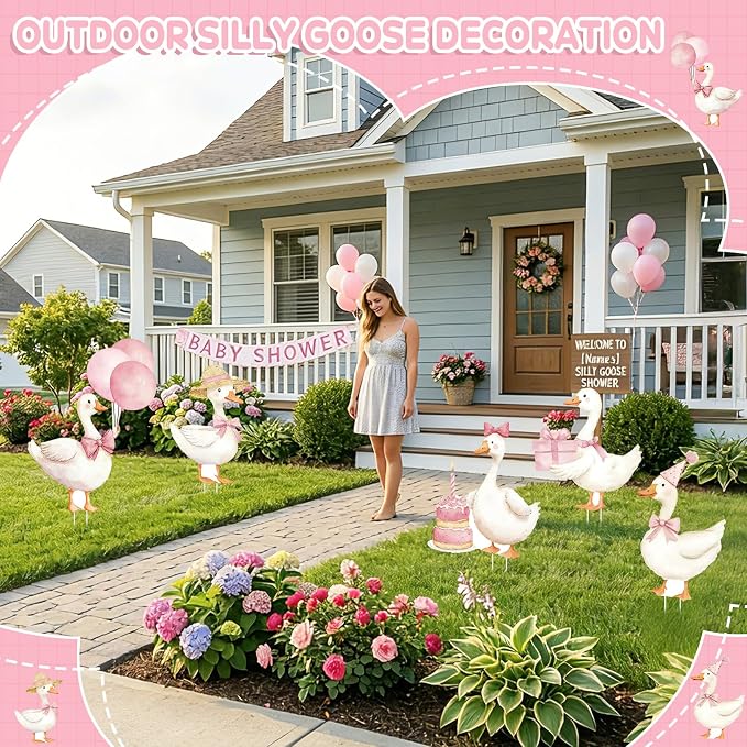 5Pcs Silly Goose Baby Shower Decorations, Pink Large Goose Cardboard Cutout Standup, Geese Birthday Party Sign for Photo Booth Props Backdrop Garden Entrance Decor Cartoon Party Supplies