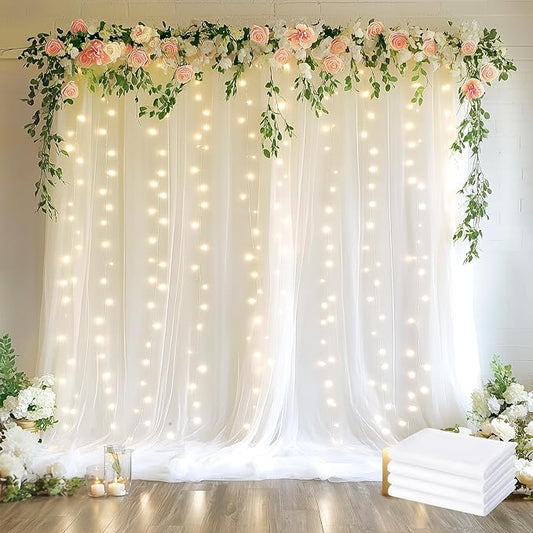 Fomcet Tulle Curtains with Lights String White 20FT X 8FT Sheer Backdrop Curtains for Parties Wedding Baby Shower Photo Shoot Decorations (4 Panels 5x8FT)