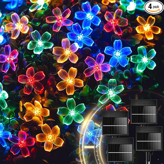 Brightown 60 LED Flower Solar String Lights Outdoor Waterproof, Fairy Lights for Garden Yard Fence Patio Christmas Tree Wedding Party Decor, Multicolor, 4 Pack
