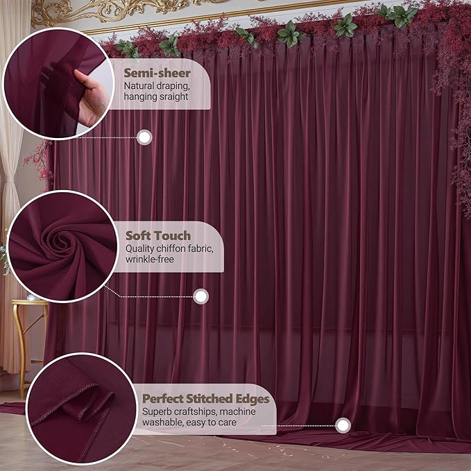 10ft x 10ft Burgundy Backdrop Curtains, Wrinkle-Free Sheer Chiffon Fabric Photo Backdrop Drapes for Wedding Arch Party Ceremony Stage Photography Decorations