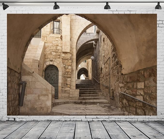 BELECO 5x3ft Fabric Jerusalem Old City Street Backdrop for Photography Ancient Stone Stairway and Arch Old City of Jerusalem Israel Background for Portrait Photoshoot Studio Booth Photo Props