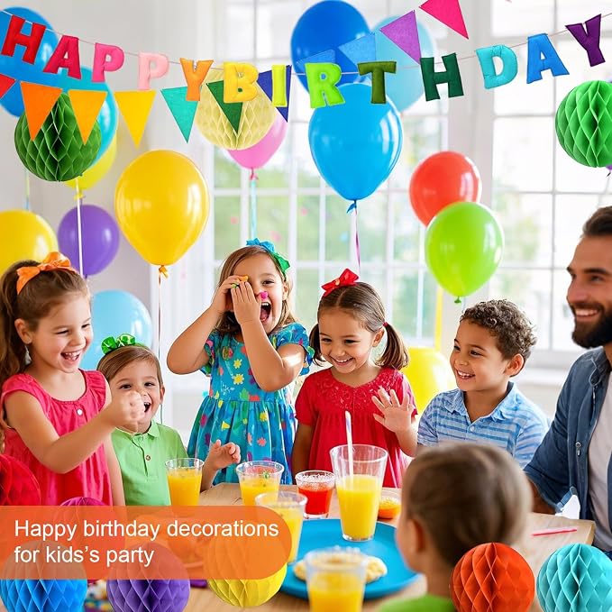 Pre-Strung Happy Birthday Decoration, Fabric Felt Birthday Banners Poms Pom Party Garland Felt Pennant Flag With 10PCS Honeycomb Balls, Reusable Party Celebrations