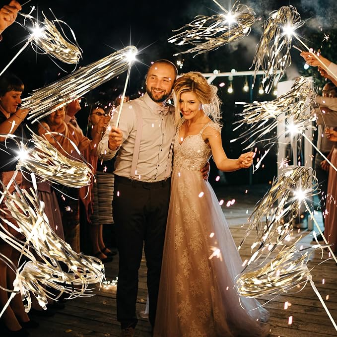 Drixbor 100 PCS Light Up Wedding Wands - LED Tinsel Streamers for Wedding Send Off & Grand Entrance, Party Favors for Weddings Birthdays Christmas (Champagne)