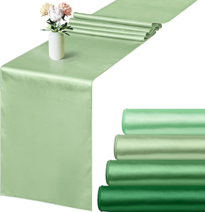 Aneco 4 Pack Satin Table Runner 12 x 108 Inch Gradient Sage Green Long Bright Silk and Smooth Fabric Party Table Runner for Wedding Banquet Party Decoration