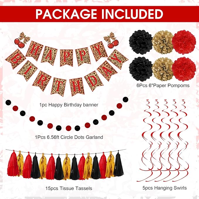 Red and Black Cheetah Birthday Party Decorations, Black Red Cherry Leopard Print Balloons Happy Birthday Banner Fringe Curtain Hanging Swirls Circle Dots Tassels Pompoms for Women Girls Party Supplies