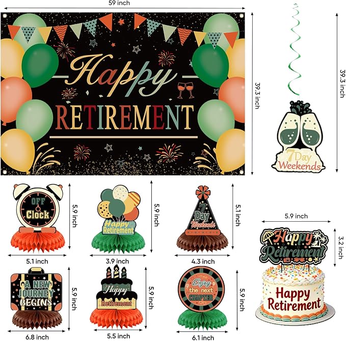 Retirement Party Decorations for Men Women Vintage Happy Retirement Banner Backdrop Balloons Paper Pompoms Honeycomb Centerpiece Cake Topper Hanging Swirl Set