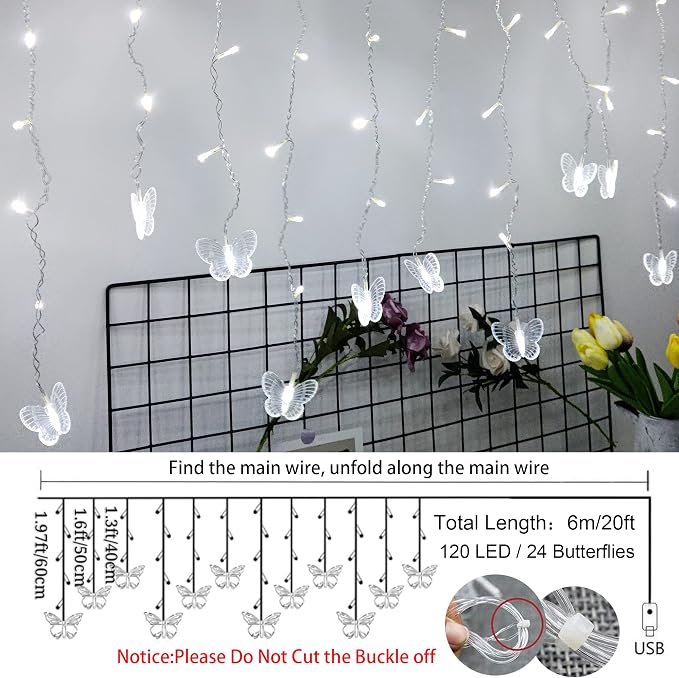 Butterfly Curtain Fairy Lights USB Plug in,120 LED 8 Modes 20FT Firefly Twinkle Icicle String Lights with Remote Timer Waterproof Copper Wire for Bedroom Patio Christmas Wedding Party Dorm(Cool White)