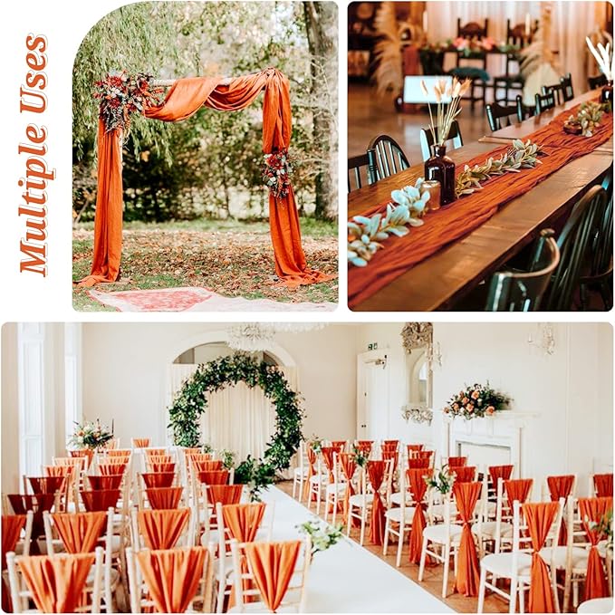 24 Pack Fall Halloween Table Runner 10FT Orange Cheesecloth Table Runner 35 x 120 Inch Long Semi-Sheer Gauze Fabric Boho or Rustic Wedding Table Decor for Bridal Shower Baby Shower Holiday Party