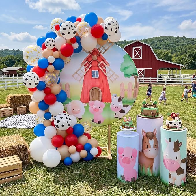 146 Pcs Farm Animals Arch Backdrop Cover Cylinder Stand Covers balloons set for party Photo Props 7.2 feet Animal Round Backdrop Covers for Farmhouse Country Birthday Baby Shower Ceremony Party Decor