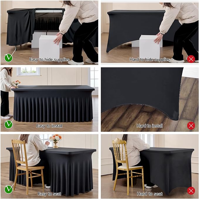 leegleri 4 Pack Black Spandex Table Cloths for 6 Foot Rectangle Tables, Wrinkle Free Stretch Fitted Tablecloths 6ft, Black Banquet Tablecloth with Skirt for Parties Weddings Birthday