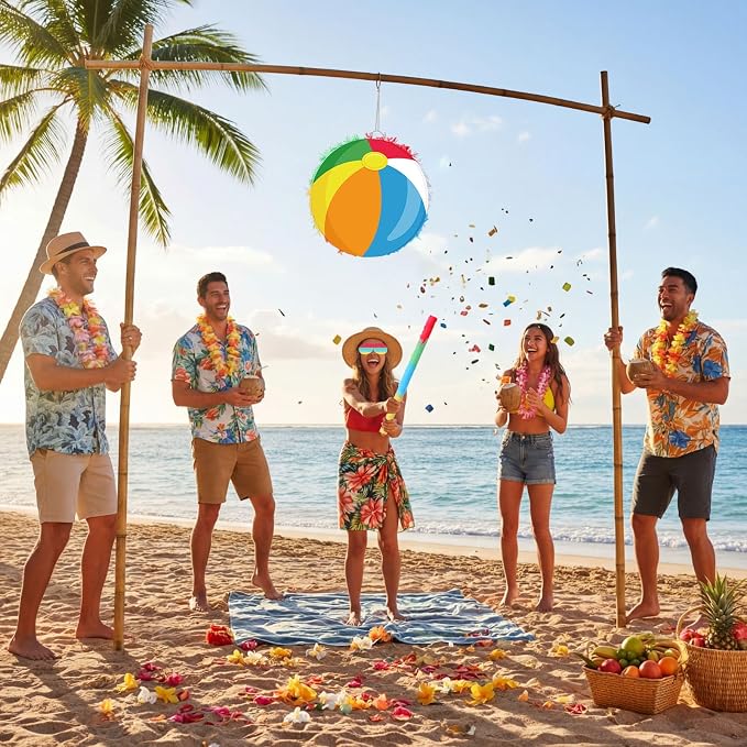 Blosssound Beach Ball Piñata Summer Pool Party Decorations Supplies Rainbow Pool Ball Piñata Set with Stick Blindfold for Hawaiian Tropical Luau Beach Theme Birthday Baby Shower Celebration Decor
