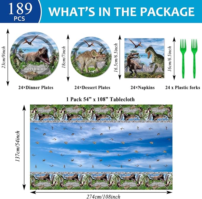 189 Pcs Dinosaur Birthday Party Supplies Set Dinosaur Party Decorations Kit Dinosaur Plates for Birthday Party Includes 24 Guests Tablecloth Backdrop Banners Cake Topper Baby Shower Kids Party Favors
