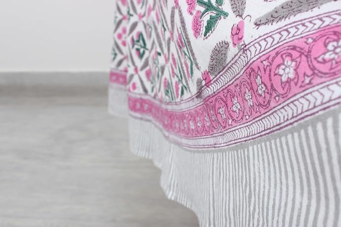 Ridhi Round Tablecloth Hand Block Print 100% Cotton Reusable Pink and White 110 Inch Table Cover Decorative Everyday Use for Dining, Home, Party, Wedding, Farmhouse Gift for Spring, Mother's Day