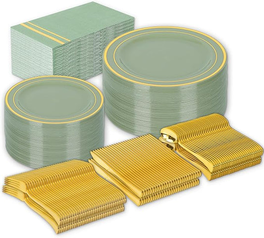 FYSUIMU 150Pcs Sage Green Plastic Party Supplies for 25 Guests Gold Foil Disposable Dinnerware Set 50Pcs Plate 25Pcs Guest Napkin 25Pcs Fork Spoon Knives for Party Table Decor