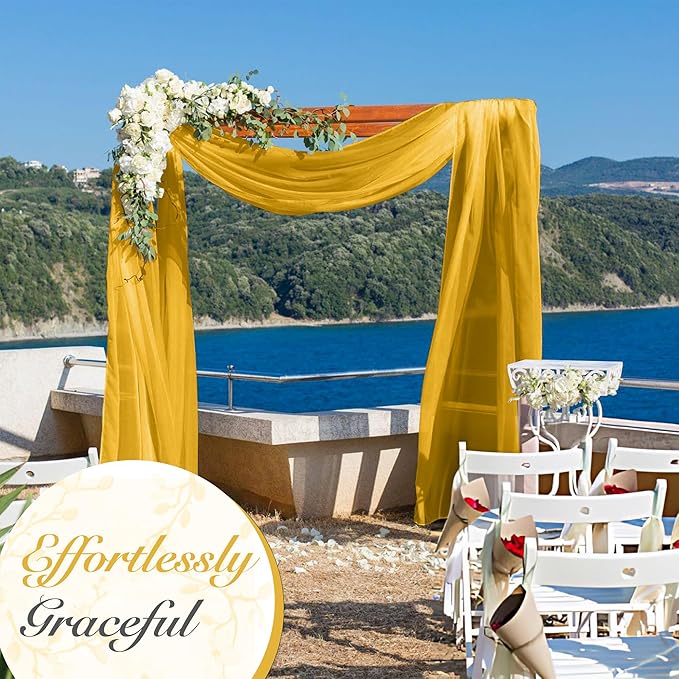 Cheesecloth Table Runner 8 Pack – 35x120 Inch (10ft) Boho Rustic Gauze Cloth Runners – Crinkle Polyester Table Decor for Wedding, Baby Shower, Bridal Shower, Birthday Party and More (Gold Yellow)