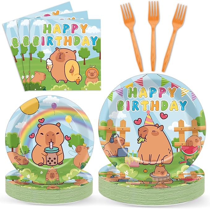 96PCS Capy Themed Bara Birthday Party Supplies Cute Cartoon Capy Paper Plates and Napkins Kapybara Themed Disposable Tableware Animal Dinnerware Decorations Set for Kids Birthday Baby Shower Serves24