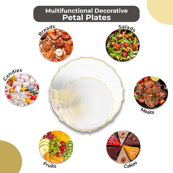 Exquisite Tinted Plates 40 Piece Plastic Disposable Plates for Party Set For 20 Guests 20 X 7.5 Dessert Plates & 20 X 10 Thin Delicate Fancy Plastic Plates Disposable Dinnerware Clear Gold Rim