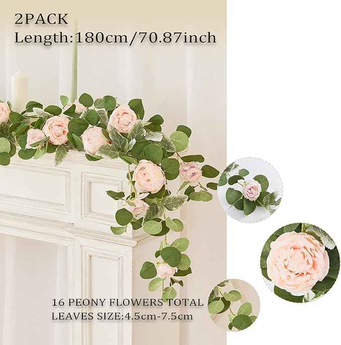 MISSPIN 2pcs Artificial Flowers Garland Spring Eucalyptus Garland Vintage Fake Flower Peony Rose Vine Greenery Decorative Wall Hanging Plant for Wedding Arch Door Arrangement Party Decor (Pink,2)