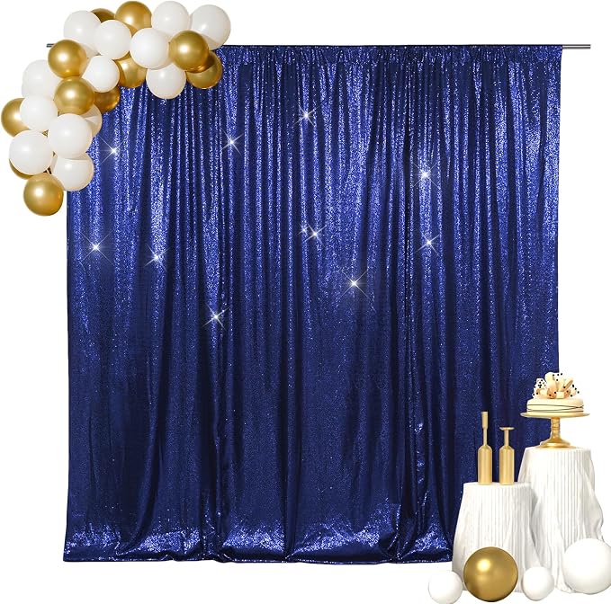 SquarePie 4x7ft Navy Blue Sequin Backdrop for Photography, Satin-Backed Real Sequin Curtain, Enhanced Coverage Shimmering Background with 4" Rod Pocket for Wedding, Birthday, Party Decor, 1 Panel
