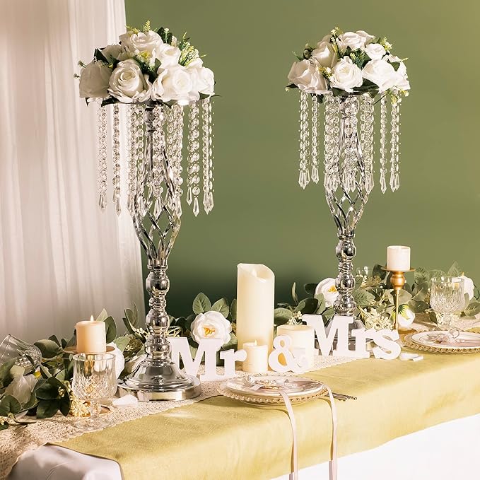 2pcs Silver Metal Flower Vases Crystal Flower Stand Wedding Centerpieces for Tables Party Dinner Event Restaurant Hotel Decoration