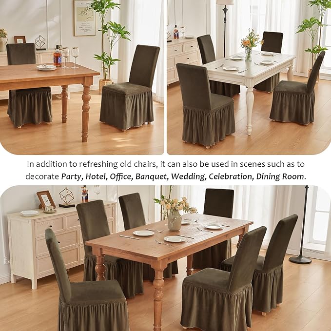 NICEEC Spandex Chair Covers for Dining Chairs Covers Set of 6 Removable Dining Room Chair Covers with Skirt Parson Chair Slipcovers Washable Chair Protector for Kitchen Wedding Party Banquet(Brown)