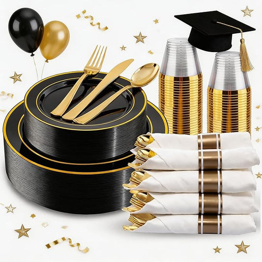 WDF Partyware 175PCS Black and Gold Plates - Black Disposable Plates for Party - 25Guests Disposable Dinnerware Set for Graduation Wedding Party Birthday