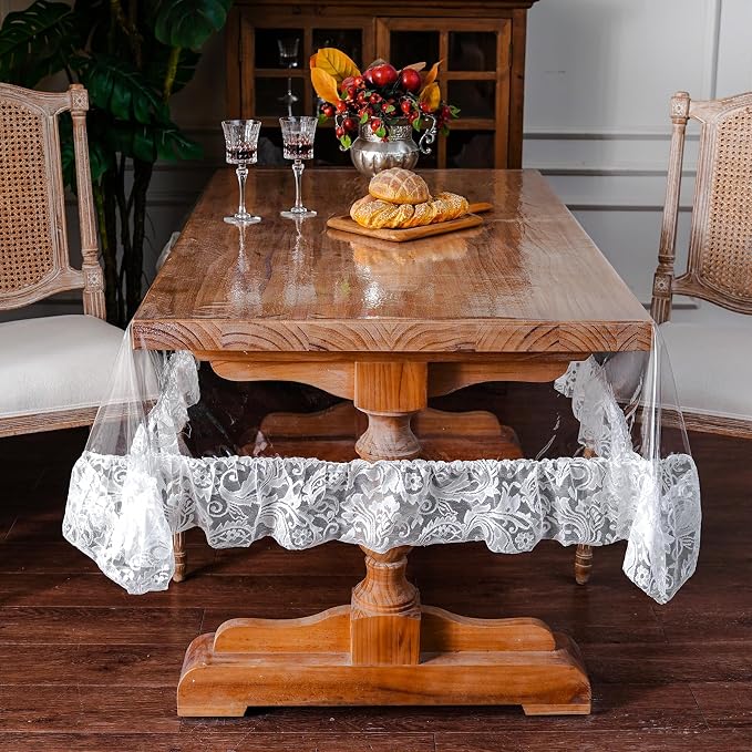 ARTABLE Vinyl PVC Rectangle Tablecloth Waterproof Clear Table Cover with Champagne Lace Macrame Border for Wedding Kitchen Home Outdoor Indoor Holidays Party Decor (Offwhite-2, 60 x 120 Inch)