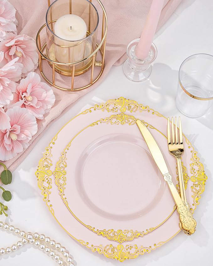 Nervure 700PCS Pink Gold Plastic Plates - Pink Plastic Dinnerware Sets for 100 Guests - 200 Disposable Plates, 300 Silverware, 100 Cups, 100 Napkins for Wedding, Party & Mothers Day