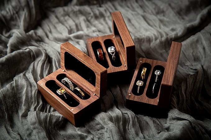 MUUJEE Quad Wooden Ring Box for Wedding Ceremony - Engraved Ring Holder Box for Engagement Proposal Anniversary and Valentines Day Gift for Him or Her (I Love You)