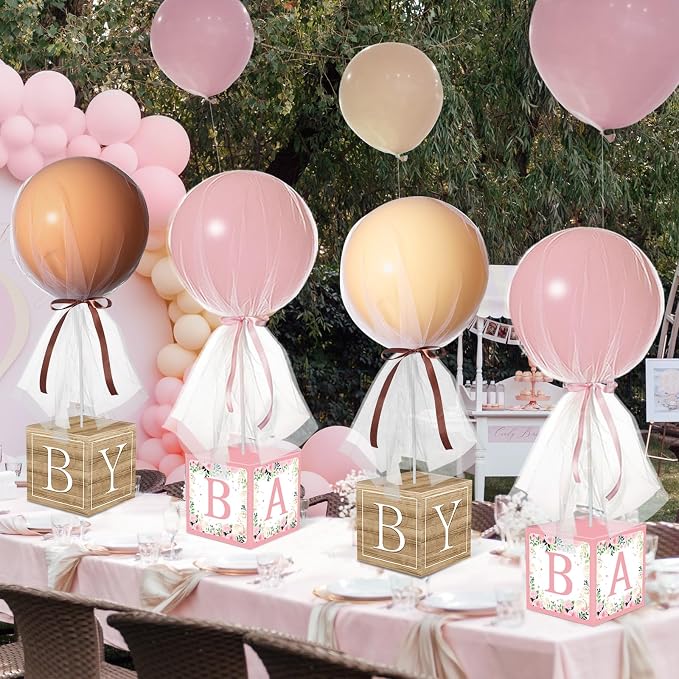 6 Set Pink Brown bear Tulle Tutu Balloon with Letter Boxes Baby Shower Table Centerpieces Decor for Gender Reveal 24'' Balloons White Tulle Cover with Stand, Boxes for Girl Boy Wedding Birthday Party