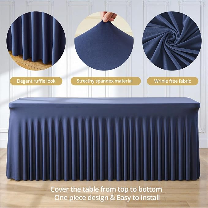 Suppromo 8ft Navy Blue Spandex Table Cloths for Rectangle Tables Wrinkle Free Rectangle Tablecloths, Stretch Fitted Table Cover with Skirt for Birthday Party Wedding Banquet Baby Shower Buffet Event