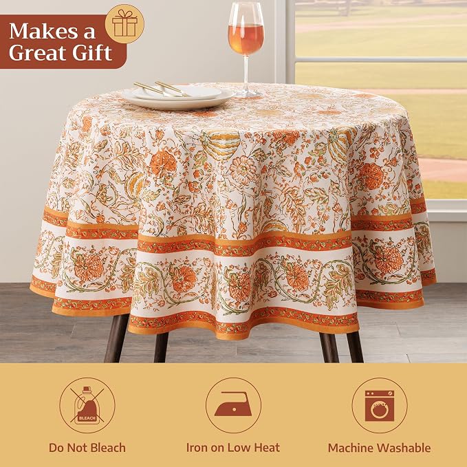 Maison d'Hermine Table Cloth Round Table 100% Cotton 69 Inches Tablecloth Reusable Decorative Everyday Use for Dining Room, Farmhouse, Home, Party, Festive & Wedding - Pumpkin Spice