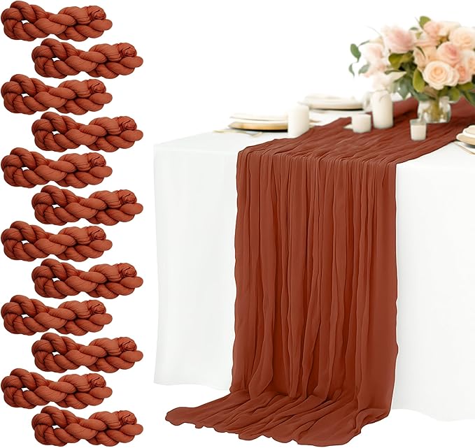 12 Pack Terracotta Cheesecloth Table Runners 10FT Long – 35 x 120 Inch Boho Gauze Table Runners for Engagement, Wedding, Baby Shower & Home Decor – Soft Wrinkled Polyester Fabric