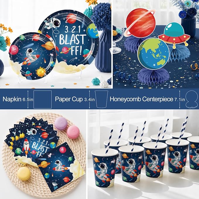 213pcs Space Themed Party Decorations, Serves 25 People, Complete Paper Set Includes No-DIY Banner 350gsm Plates Latex Balloons and Waterproof Tablecloths