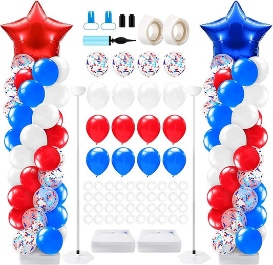 Kasyat 2 Sets 4th of July Balloon Column Stand Kit with Foil Star Balloons Blue and Red White Arch Kit for Floor for Patriotic Memorial Day 250th Anniversary Independence Day Decorations