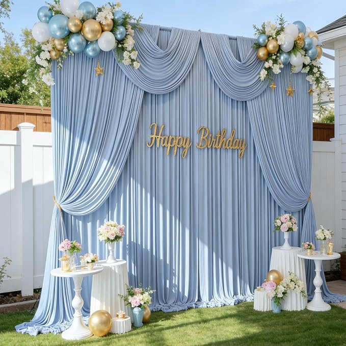 10 ft x 12 ft Wrinkle Free Dusty Blue Backdrop Curtain for Parties, 2 Panels 12ft Polyester Dusty Blue Photo Backdrop Drapes for Graduation Birthday Wedding Party Stage Curtains