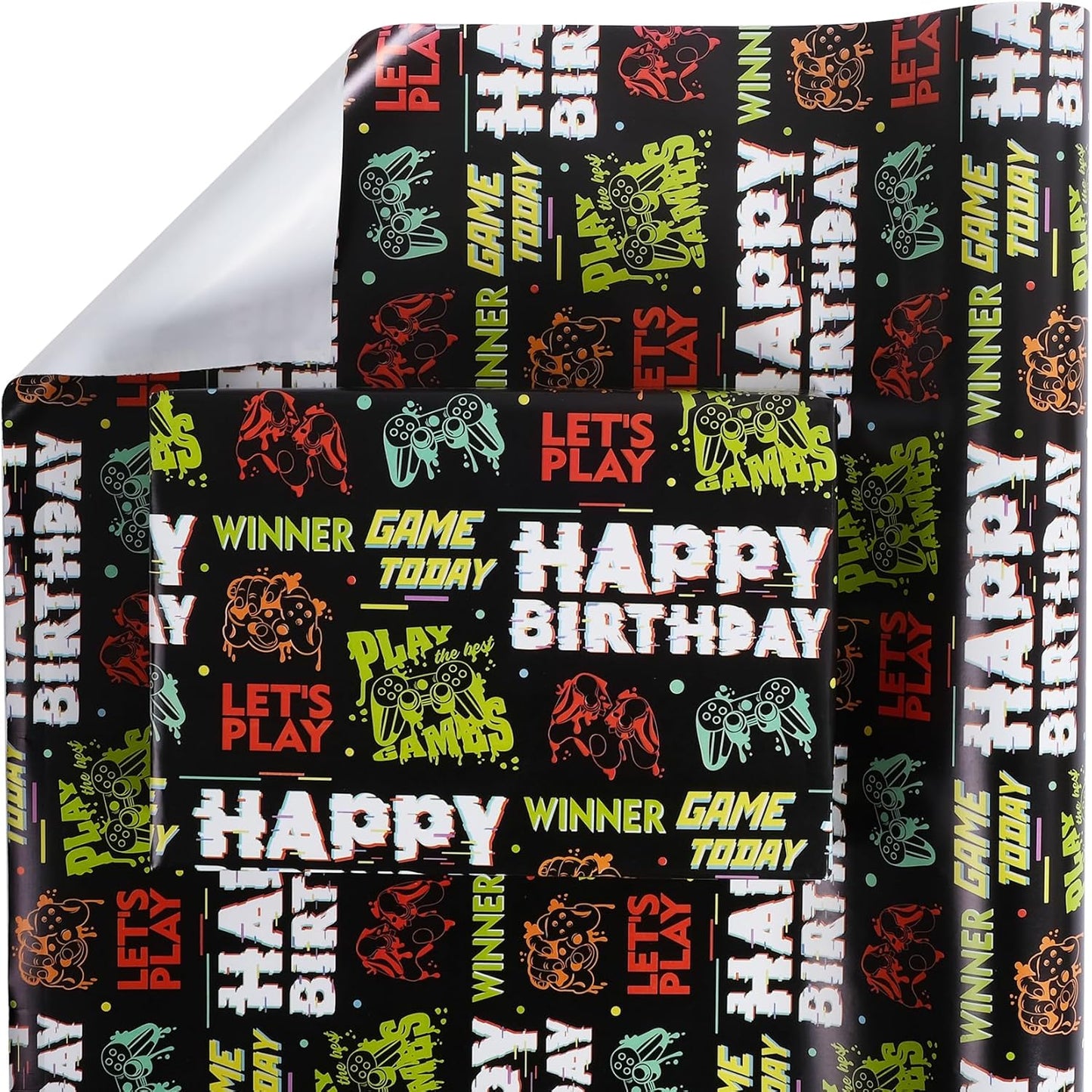 Aimyoo Gaming Birthday Wrapping Paper Roll - 17 Inch X 32.8 Feet - Black Happy Birthday Video Game Pattern Gift Wrap Paper for Boys Party, Baby Shower, Holiday