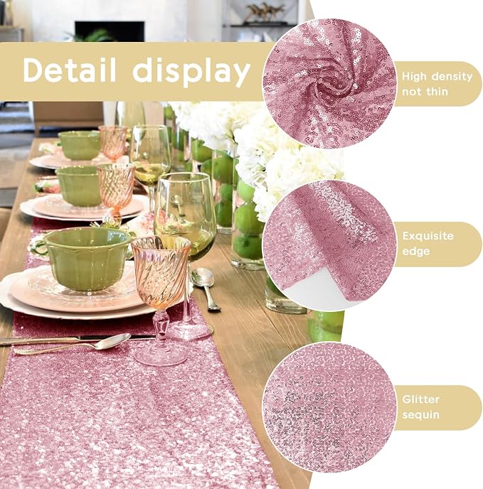2 Packs 12 x 72 inches Sequin Table Runner, Rose Pink Glitter Table Runner for Birthday Party Supplies Wedding Engagement Baby Shower Holiday Celebration Event Decorations