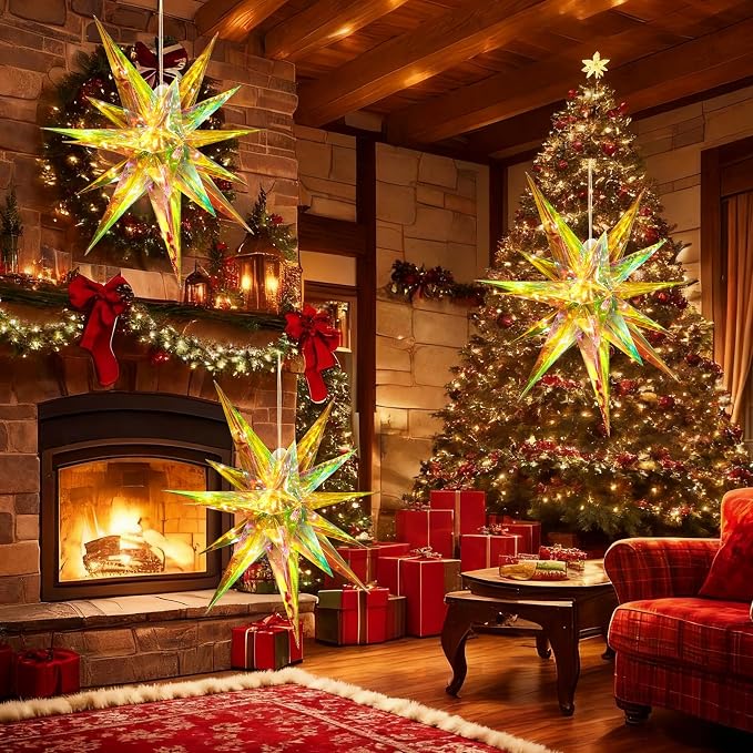 SUNBEAUTY 24 Inches Iridescent Christmas Lights Stars Lanterns Christmas Lanterns Hanging Moravian Star 3D for Wedding Birthday Christmas Home Party Decorations
