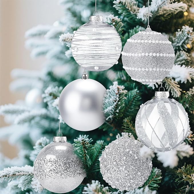 Lyrow 12 Pcs 4 inch Christmas Balls Ornaments Glitter Shatterproof Christmas Decorations Tree Balls Sparkly Holiday Ornaments Bulk for Xmas Trees(Silver)