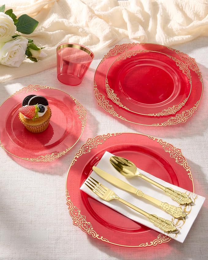 Bestluck 175PCS Clear Red Plastic Plates for 25 Guests, Disposable Plates with Gold Trim include 25 Dinner Plates, 25 Dessert Plates, 75 Gold Silverware, 25 Cups, 25 Napkins for Party, Wedding