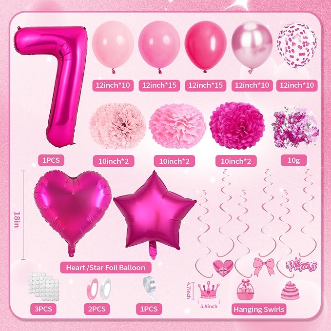 7th Birthday Decorations for Girls, Pink Party Decorations with Number 7 Balloon Happy Birthday Banner Bday Sash Crown Tablecloth Fringe Curtain Hanging Swirl for 7 Balloons for Bday Girl