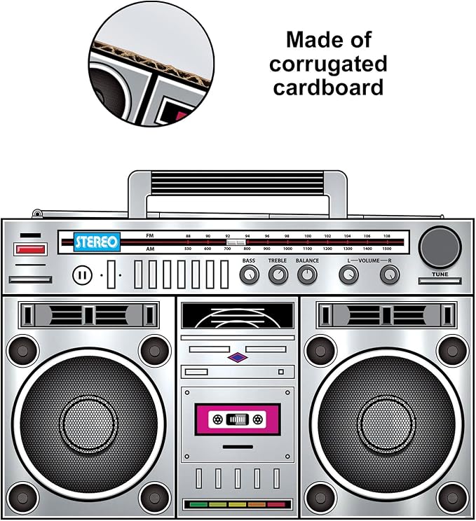 Beistle 80s Boom Box Stand-Up, Retro Metallic Cardboard Decoration, Perfect for 1980s ERAS Theme Dance Parties, Photo Booth Props, and Throwback Events, Large 3' 3¼" x 4' 5"