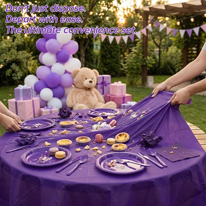 352 Pcs Purple Plastic Plates Party Set, 50 Guests Disposable Dinnerware Set with Deep Purple Tablecloths, Royal Deep Purple Plastic Plates Party Set for Wedding/Luxury Banquet/Anniversary/Gala