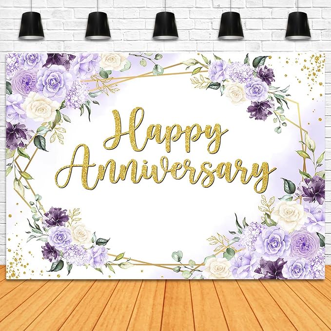 Happy Anniversary Backdrop 7x5ft Purple and White Flowers Anniversary Party Decorations Background Wedding Engagement Bridal Shower Banner Photo Booth Props