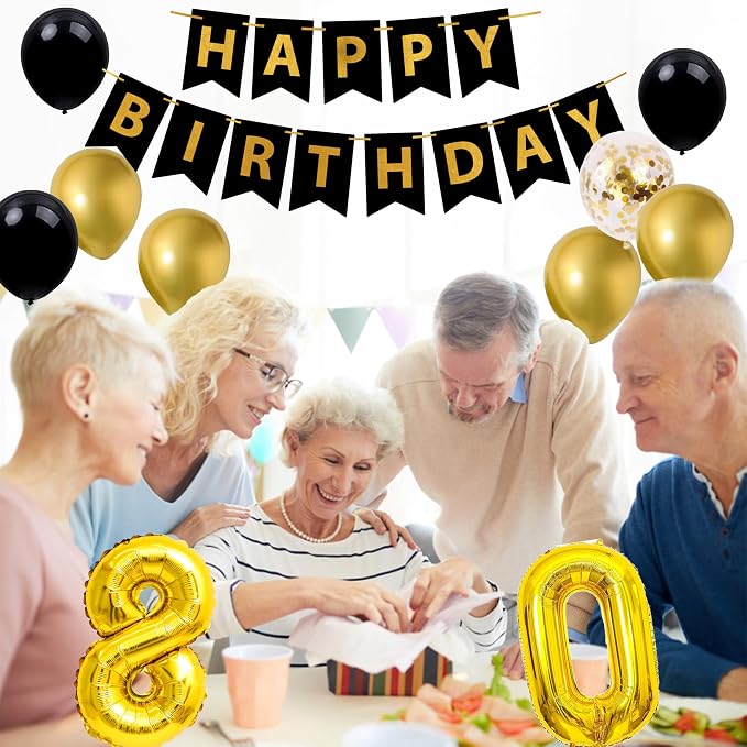Gold 80th birthday decorations for men,3pcs birthday Decorations for Men boys black and gold Balloon Boxes Birthday Party Favors