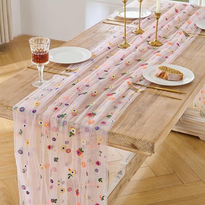 BINBE 12pcs Daisy Spring Table Runner Embroidery Gauze 10FT Florals Seasonal Tulle Holiday Birthday Kitchen Dining Table Decor for Home Party Pink