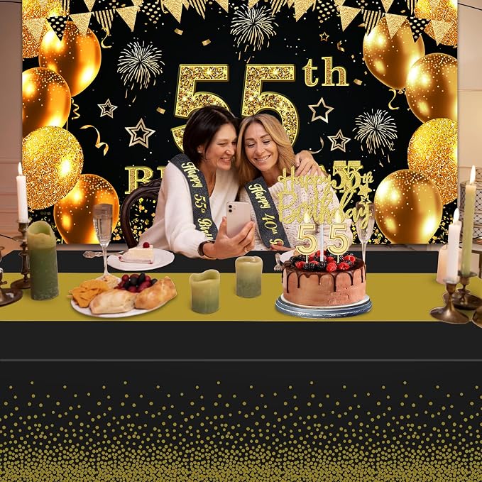 55th Birthday Decorations for Men Women with 55th Birthday Banner, Black and Gold Table Cloth, Number Balloons, Large Sash, Cake Topper and Candles