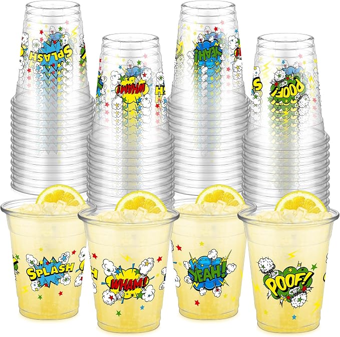 FoldTier 50 Pcs Hero Cups 12 oz Plastic Hero Birthday Cups Clear Theme Disposable Glasses Super Theme Beverage Glasses for Home Kitchen Birthday Party Favors Supplies Decoration