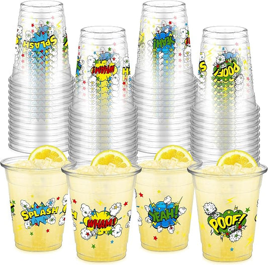 FoldTier 50 Pcs Hero Cups 12 oz Plastic Hero Birthday Cups Clear Theme Disposable Glasses Super Theme Beverage Glasses for Home Kitchen Birthday Party Favors Supplies Decoration